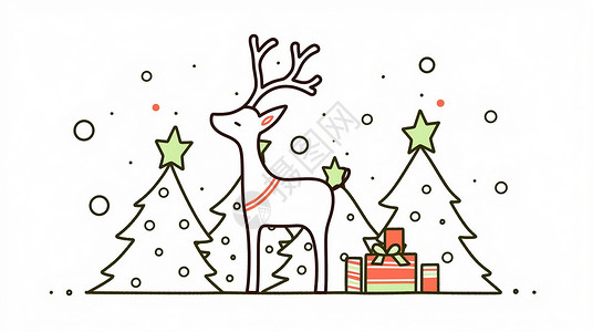 圣诞特惠条简笔画圣诞节可爱的卡条小鹿与礼物插画