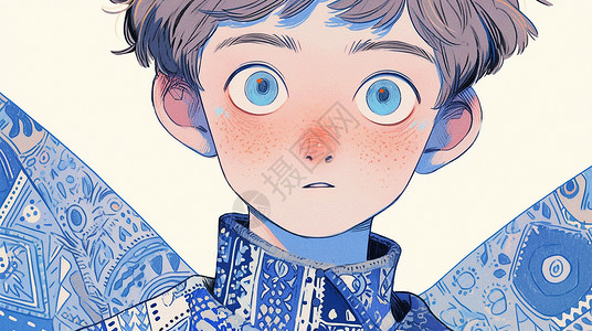 民族风男孩穿着蓝色民族风服装帅气的大眼睛卡通男孩插画