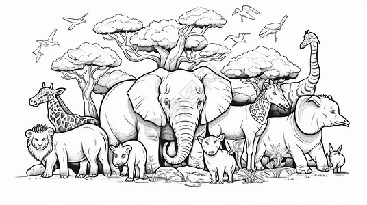 犀牛素材森林中各种可爱的卡通动物们插画