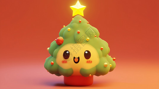 闪着黄色星星可爱的卡通圣诞树背景图片