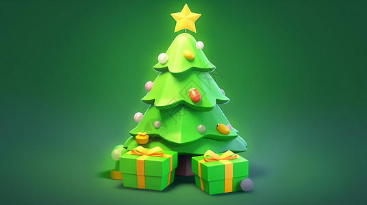 有两个绿色礼物盒可爱的发光的卡通圣诞树背景图片