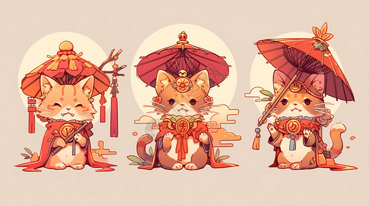 撑小伞的猫三只有红色小伞的可爱卡通猫插画