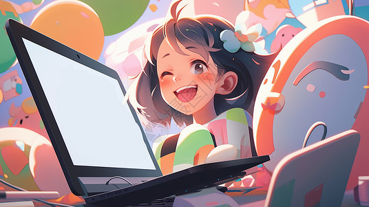 看着电脑开心笑的可爱卡通小女孩背景图片