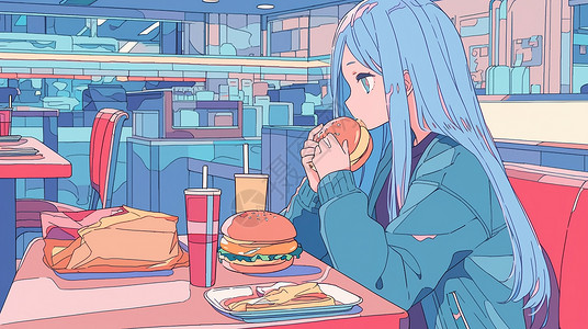 蓝色长发吃汉堡的小清新卡通家女孩背景图片