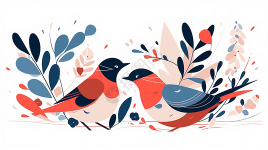 红网纹草在草丛中两只可爱的卡通小鸟插画
