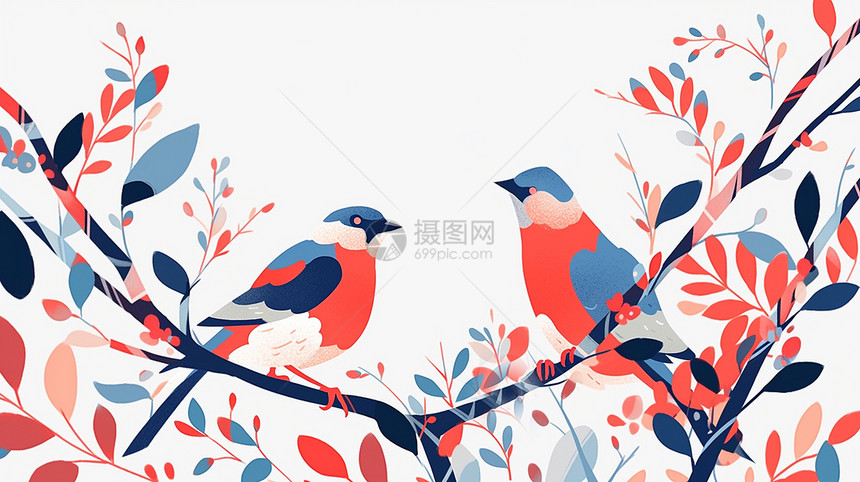 站在树枝上两只漂亮的扁平风卡通小鸟图片