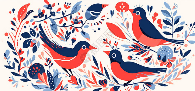 蓝红对比色三只红色肚子可爱的扁平风卡通小鸟插画