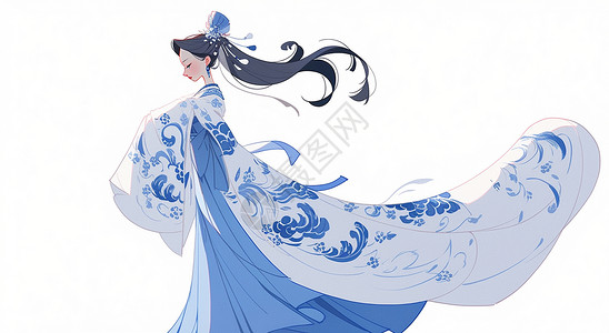 穿着青花瓷服装仙气飘飘的古风装扮卡通女孩背景图片