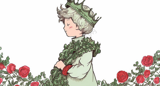 玫瑰花花环戴着植物花环和皇冠的卡通小王子插画