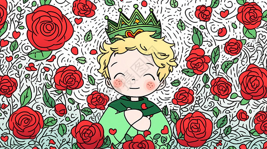 在玫瑰花园中开心笑的卡通小王子背景图片