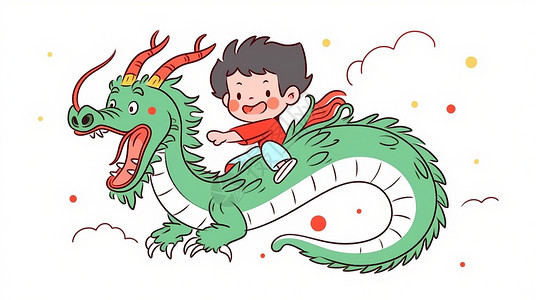 简约大气龙年春节坐在旅社龙身上的可爱卡通小男孩插画