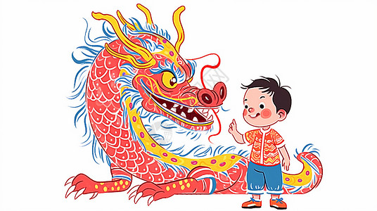 龙年与红色喜庆龙开心交流的可爱卡通小男孩高清图片