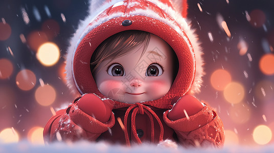 穿着红色衣服在大雪中的可爱卡通小女孩背景图片