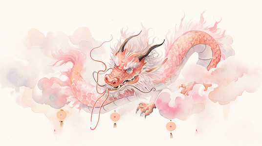 粉色渐变元宵节飞舞在粉色云朵间的粉色卡通龙插画