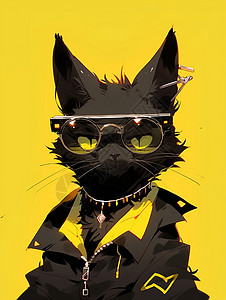 时尚戴着墨镜的卡通黑猫背景图片