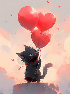 手拿三个爱心气球的可爱卡通小黑猫背景图片