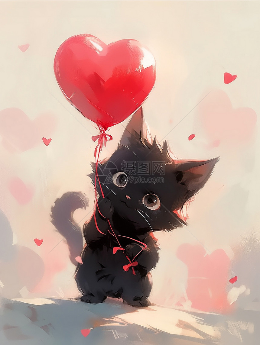 呆萌可爱的卡通小黑猫拿着气球图片