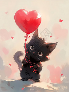 呆萌可爱的卡通小黑猫拿着气球背景图片