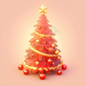 红色装饰华丽的卡通圣诞树背景图片