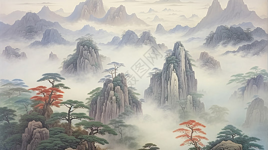 云雾缭绕的仙境般古风卡通山水画背景图片
