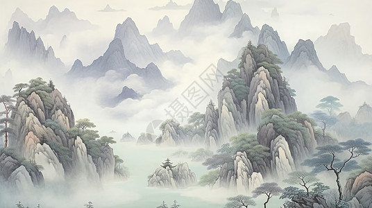 山川大河梦幻唯美的古风大山大河卡通风景插画