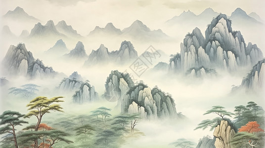 云雾中湖畔卡通山峰古松与飞鸟剪影背景图片