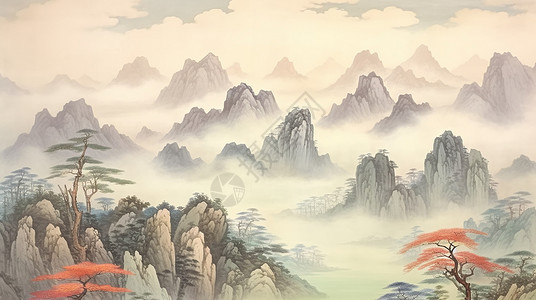 云雾间唯美梦幻的卡通山川背景图片