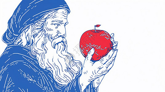 老人头顶苹果拿着红苹果的版画风卡通白胡子老爷爷插画