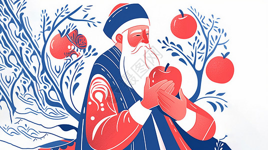 老人吃苹果手拿苹果的扁平风卡通老爷爷插画