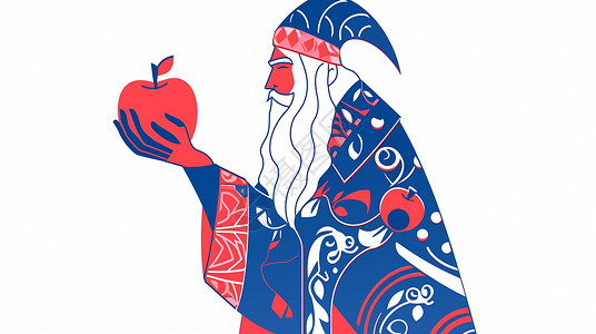 老人头顶苹果白色背景上手拿苹果的扁平风卡通老爷爷插画