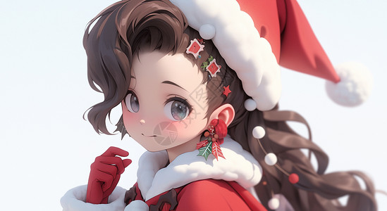 穿着喜庆戴着圣诞耳饰的可爱卡通小女孩过圣诞节背景图片
