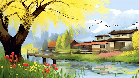 美丽田园景色春天乡村柳树的美丽景色插画