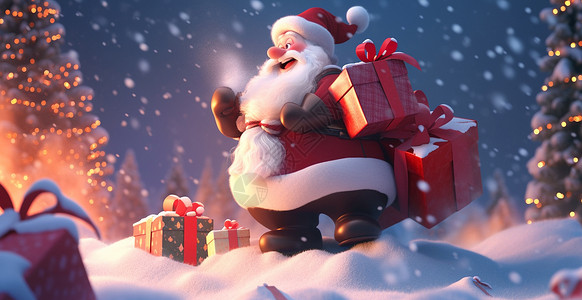 3d雪花背着很多礼物站在雪地中的卡通圣诞老人插画
