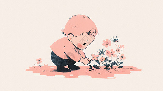 正在摘花的可爱卡通小朋友高清图片