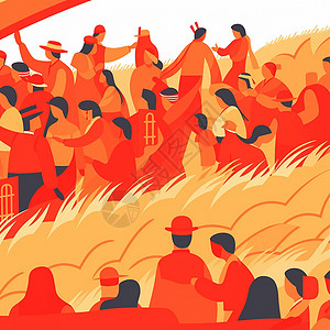 橙色活动背景在金黄色草地上参加活动的卡通人群们插画