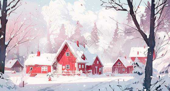 冬天雪中几座红色可爱的卡通小房子背景图片