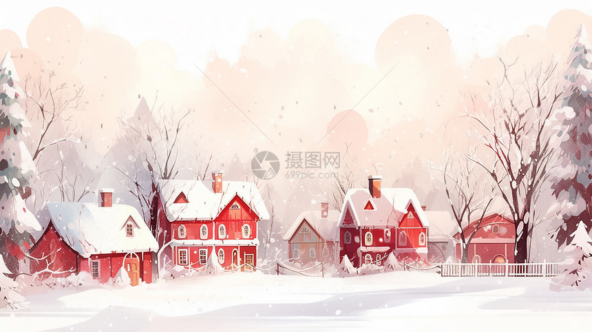 冬天喜庆红色卡通圣诞屋图片