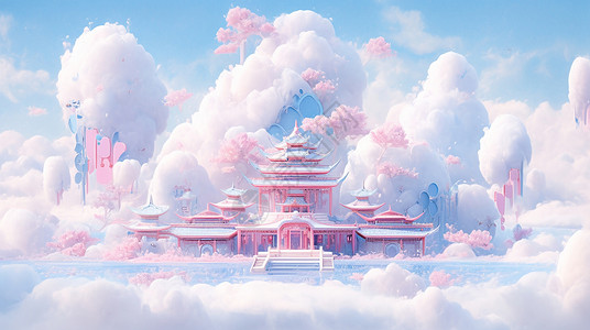 被云朵围绕的粉色梦幻卡通楼阁背景图片