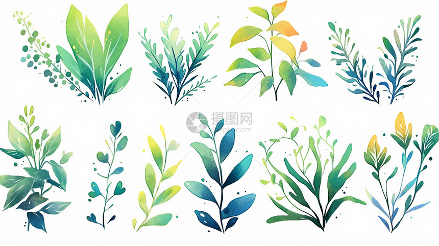 各种形状叶子的卡通绿植图片