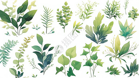 绿色叶子各种小清新卡通植物背景图片
