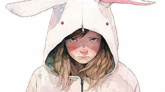 穿兔子耳朵卫衣生气表情水彩风卡通女孩背景图片