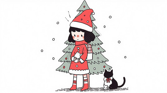 一起站在圣诞树前的可爱卡通小女孩背景图片