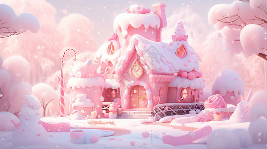 冬季城堡粉色森林中一座可爱的粉色卡通小房子插画