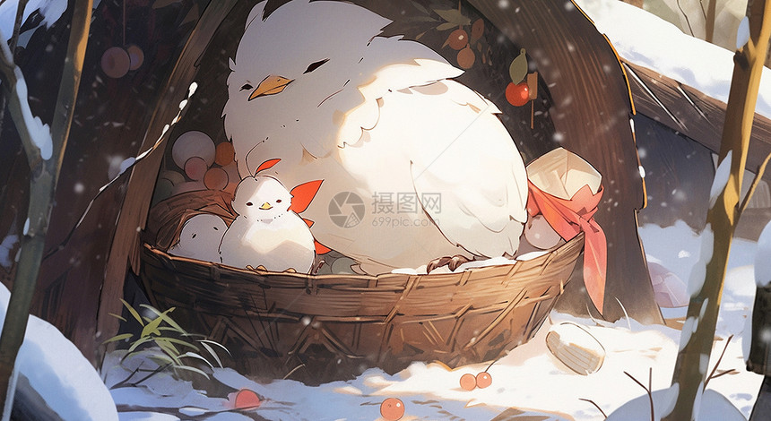 冬天雪后一窝可爱的卡通小白鸡图片