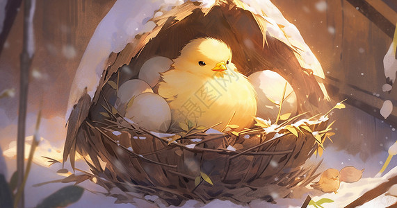 冬天鸡窝中可爱的卡通小黄鸡与蛋背景图片
