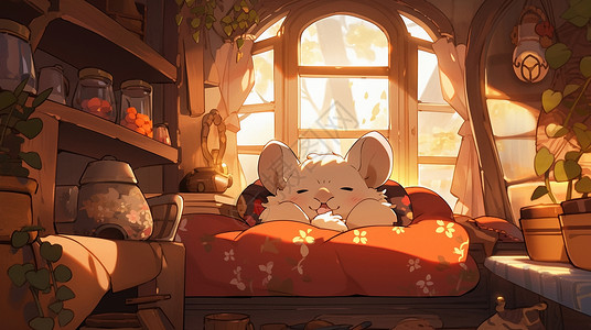趴在红色花床上睡觉的可爱卡通小老鼠背景图片