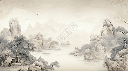 古风水墨风景画唯美的山川河流背景图片