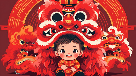 穿着红色喜庆舞狮服装开心笑的可爱卡通小男孩背景图片