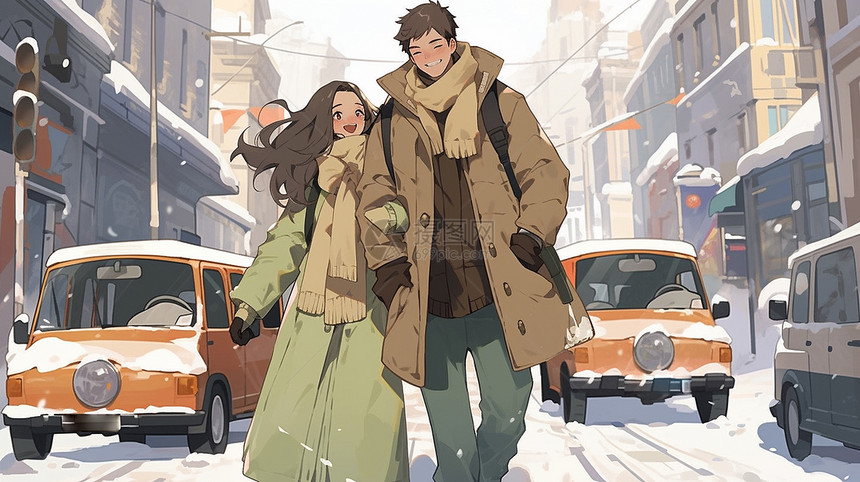 冬天走在街道上开心散步的卡通情侣图片