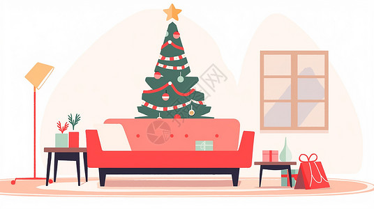 圣诞节客厅扁平风客厅中沙发后放着一棵圣诞树插画